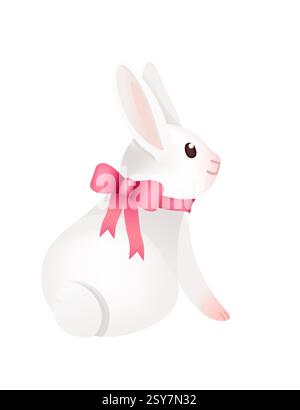 Entzückendes lächelndes Kaninchen mit rosa Schleife und Schleife. Lustiger positiver Hase mit langen Ohren. Süßes und verspieltes Kaninchen. 3D-Cartoon-Tierdesign. Vektorillus Stock Vektor
