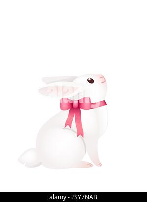 Entzückendes lächelndes Kaninchen mit rosa Schleife und Schleife. Lustiger positiver Hase mit langen Ohren. Süßes und verspieltes Kaninchen. 3D-Cartoon-Tierdesign. Vektorillus Stock Vektor