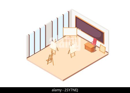 Isometrischer Schulungsraum mit Schreibtischen und Tafel. Bildungsraum mit Staffeleien. Lehrerpult mit rotem Stuhl. Holzmöbel in beigefarbenem Zimmer. Grosses Transpa Stock Vektor