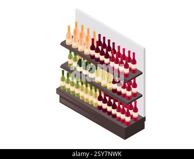 Weinregal mit mehreren Flaschen. Organisiertes Alkoholregal mit Rot-, weiß- und Rosenweinen. Sektion für Spirituosen im Einzelhandel. Supermarkt Weinabteilung mit Stock Vektor