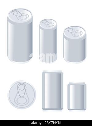Isometrische Sammlung von Getränkedosen. Verschiedene zylindrische Behälter. Aluminium-Dosenset. Verschiedene Größen. Draufsicht und Seitenansicht. Zuglasche. Produkt Stock Vektor