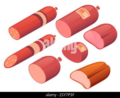 Large sausage set. Halved salami pieces. Small pepperoni sausages. Red cured meats. Processed protein foods. Grocery store. Isometric collection. Vect Stock Vektor