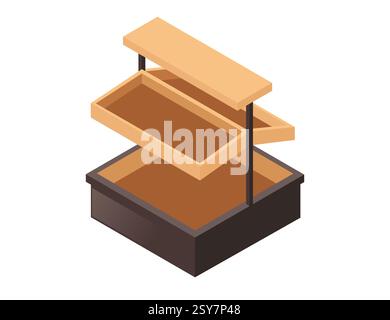 Isometrisches Holzregal mit mehreren horizontalen Ebenen. Braune Holzdielen. Leeres Lagerregal. Möbel in Supermärkten oder Lebensmittelgeschäften. Vektor i Stock Vektor