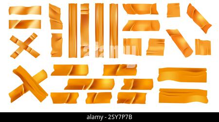 Goldene Bänder und Klebebandstücke. Verschiedene Formen und Schnitte. Klebestreifen. Kreuzzeichen. Gerade Linien. Dekorative Elemente. Designelemente. Anders Stock Vektor