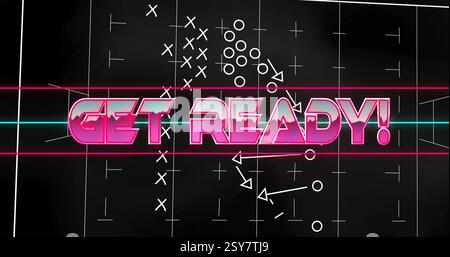 Mach Dich Bereit! Textbild über Fußballdiagramm auf schwarzem Hintergrund Stockfoto