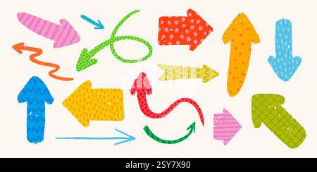 Handgezeichnete Vektorpfeile mit verschiedenen Mustern im rauen rustikalen Stil. Stock Vektor