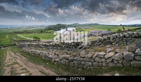 Foto einer traditionellen Steinfarm in Northumberlan an der Hadrians Wall in der Nähe von Houseteads Roman Fort, Vercovicium, Northumberland, England, Großbritannien. Stockfoto