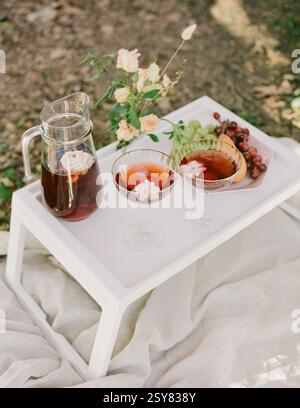 Genießen Sie gekühlte Getränke zusammen mit frischem Obst und Blumen auf einem Picknicktisch in einer ruhigen Umgebung im Freien. Stockfoto