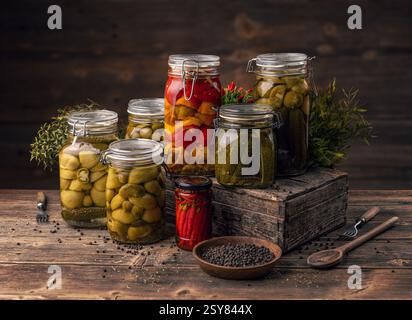 Konserven mit hausgemachten Gurken und Paprika in Gläsern Stockfoto