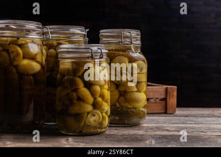 Glasgläser gefüllt mit eingelegten Gurken und grünen Tomaten, die die Aromen des Sommers auf einem rustikalen Holztisch bewahren Stockfoto