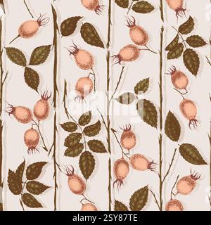 Wilde Rosenblüten Zeichnung und Zeichnung mit Pointillismus. Vintage-Muster von Zweigen mit Hagebuttenfrüchten und Blättern. Stock Vektor