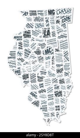 Illinois Form Textwolke. Staatsgrenze mit Schatten auf weißem Hintergrund. Illinois mit Countys im Vintage-gazette-Stil. Stock Vektor