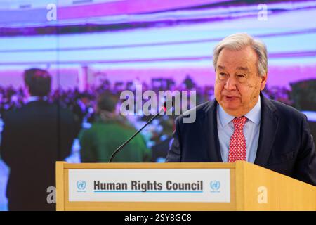 Genf, Schweiz - 24. Februar 2025: UN-Generalsekretär Antonio Guterres spricht über das hochrangige Segment der 58. Menschenrechtskonferenz Stockfoto