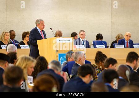 Genf, Schweiz - 24. Februar 2025: UN-Generalsekretär Antonio Guterres spricht über das hochrangige Segment der 58. Menschenrechtskonferenz Stockfoto