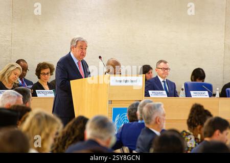 Genf, Schweiz - 24. Februar 2025: UN-Generalsekretär Antonio Guterres spricht über das hochrangige Segment der 58. Menschenrechtskonferenz Stockfoto