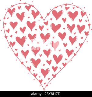 Großes handgezeichnetes Herz gefüllt mit kleineren rosa Herzen, einfache Strichgrafik auf weißem Hintergrund, symbolisiert Liebe und Zuneigung. Valentinstag, Hochzeit Stock Vektor