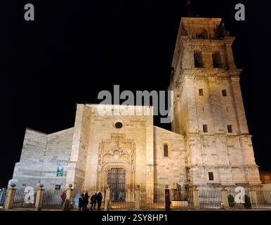 02/15/2025. Alcalá de Henares, Spanien. Nächtlicher Blick auf die Hauptfassade der Kathedrale von Alcalá de Henares, Madrid. Stockfoto