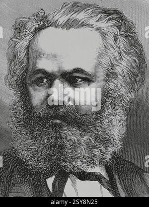 Karl Marx (1818-1883). Deutscher Philosoph, Ökonom und kommunistischer Politiker. Hochformat. Stich von Tomás Carlos Capuz (1834-1899). La Ilustración Española y Americana (die spanische und amerikanische Illustration), 1883. Stockfoto