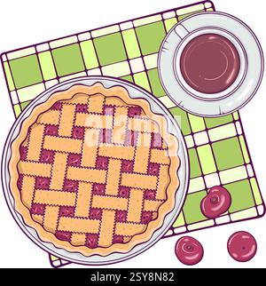 Stillleben mit Kirschkuchen und Tasse Kaffee Farbe Stock Vektor
