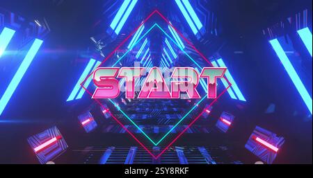 Bild des Anfangstextes über Neonmuster-Hintergrund Stockfoto