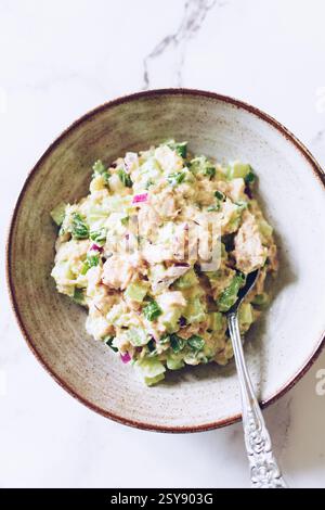 Gesunder Salat mit Sellerie, Thunfisch, grüner Zwiebeln und Mayonnaise Stockfoto