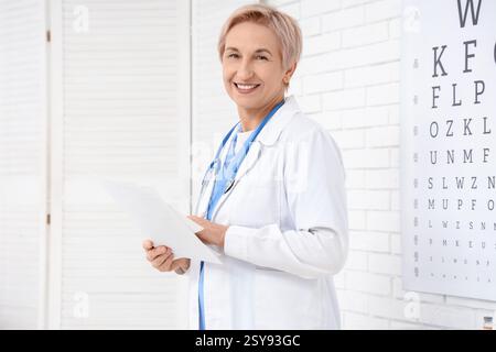 Glückliche reife Ärztin mit Stethoskop und Unterlagen in der Klinik Stockfoto