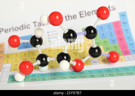 Vitamin-C-Molekül im Periodensystem, Nahaufnahme. Chemisches Modell Stockfoto