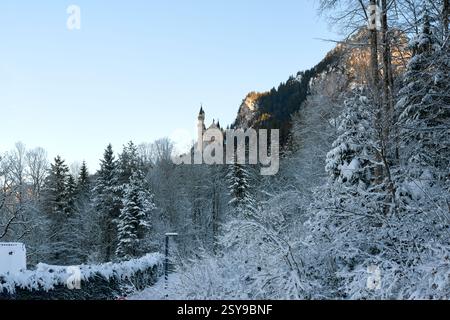 Dieses hochauflösende Foto zeigt das berühmte Schloss Neuschwanstein, eingebettet auf einem felsigen Hügel in einer ruhigen bayerischen Winterlandschaft. Die Castl Stockfoto