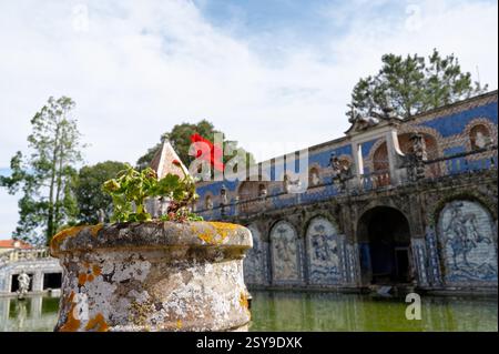Leuchtend rote Blüten auf einer verwitterten Steingeländer vor der historischen Azulejo-überdachten Fassade des Fronteira-Palastes Stockfoto