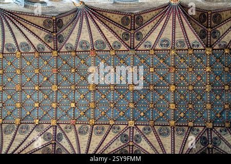 Detaillierte Ansicht der dekorierten Decke der Peterborough Cathedral mit Fächergewölben, geometrischen Mustern, Blattgold und mittelalterlichen Gemälden Stockfoto
