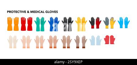 Set von Handschuhen - schützend und medizinisch mit Namen Hand Accessoire Kleidung technische Illustration Kleid. Vektor für Männer, Frauen, Unisex flache Vorlage CAD-Zeichentrickstil isoliert auf weißem Hintergrund Stock Vektor