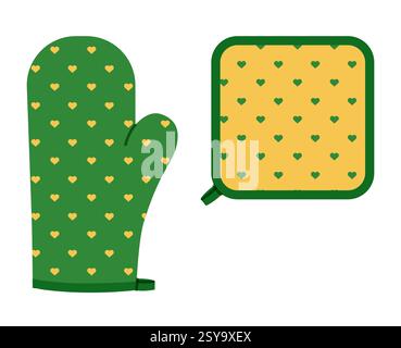 Backofen Handschuhe Handschuh und Topfhalter Cartoon gelb grün Herzmuster Mode Hand Accessoire Kleidung technische Illustration Kleid. Vektor für Männer, Frauen, Unisex-Stil flache Vorlage auf weißem Hintergrund Stock Vektor