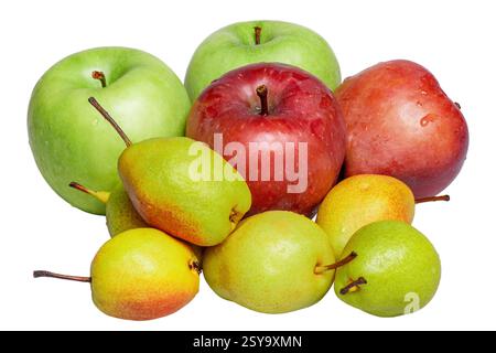 Rote, grüne Äpfel und Birnen isoliert auf weiß. Obst Äpfel und Birnen Stockfoto