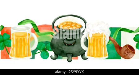 Eine farbenfrohe Darstellung mit Bierbecher, einem Topf mit Gold und festlichen Elementen, die Freude während der Feier wecken. Nahtloser horizontaler Rand mit Aquarellfarben auf weißem Hintergrund zur Erstellung von Urlaubsprodukten. Stockfoto