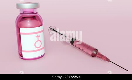 Eine 3D-Darstellung von Fläschchen und Spritzen, die alle eine rosafarbene Flüssigkeit enthalten. Das rosafarbene flüssige Medikament und das weibliche Geschlechtssymbol deuten auf eine Behandlung oder ein Medikament hin Stockfoto