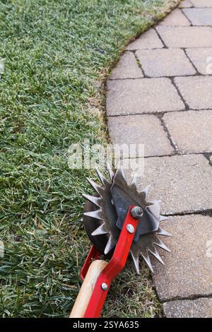 Roter manueller Rasenkantenschneider mit umrandetem Rand zwischen grünem Rasen und hellbrauner Terrasse aus Pflasterstein im Wohnbereich im Herbst, Quebec, Kanada Stockfoto