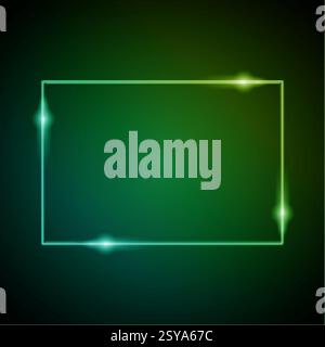 Neonrahmen mit Glimmern und Sparkles. Elektronischer rechteckiger Rahmen in grünen Farben für Unterhaltungs- oder Werbebotschaften im Dunkeln Stock Vektor