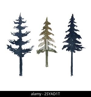 Mit Aquarelltannen und Weihnachtsbäumen. Handgezeichnete Illustration in monochromer Malerei isoliert vom Hintergrund. Für Erstellen von Kompositionen Stockfoto