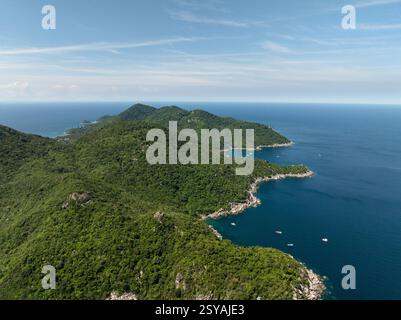 Weitläufiger Blick auf die Küste mit bewaldeten Hügeln und dem tiefblauen Meer unter klarem Himmel. Koh Tao, Thailand. Stockfoto