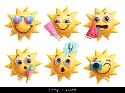 SUN-Zeichen Emoji Clipart Set. Sommer-Emojis-Gesichts-Clip-Art-Kollektion mit fröhlichen, hungrigen, lächelnden und essenden Gesichtsausdruck heißen Ikonen. Stock Vektor