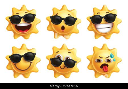Sun Emojis Clipart Set. Sommer Emoji coole Charaktere Clip Art tragen Sonnenbrille mit fröhlichen, süßen, lächelnden und durstigen Gesichtsausdruck Vektor Stock Vektor