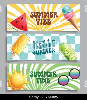 Sommer Grußkarte Clipart Banner Set. Clip-Art mit Eiscreme, Eis, Eis, Sonne, Sonnenbrille und tropischen Wassermelonen Stock Vektor