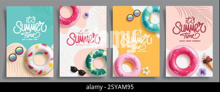 Poster-Set mit Clipart für die Sommergrußkarte. „Hello Summer Greeting Clip Art“ mit farbenfrohen Floatern, Sonnenbrillen und Eiscreme-Elementen in farbenfroher Abstraktion Stock Vektor