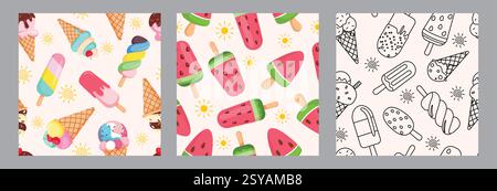 Nahtloses Zeichnen-Clipart-Set für Eis. Wassermelonen-Zeichnung und endlose Clip-Art-Kollektion für Sommertapeten im Hintergrund Stock Vektor