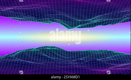 Retro-Landschaft mit niedrigem Poly Grid mit polygonalen Bergen, Palmen Silhouetten und Sonne, Vektor-Illustration. Synthwave-Landschaft im 80er-Stil mit Neon Stock Vektor