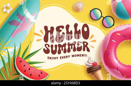 Hallo Sommer Clipart-Vorlage. Sommer-Grußtext in gelbem abstrakten Clip-Art-Hintergrund mit Strand-Elemente-Vektor-Illustration. Stock Vektor