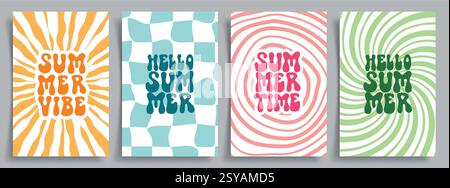 Clipart-Poster-Set für Sommergrüße. Sommer Vibe Schriftart Clip Art Sammlung in Gelb, Blau, Rosa und Grün abstrakte Hintergrund Sammlung Vektor Stock Vektor