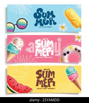 Hallo Sommergruß Clipart-Banner. Grußtext für den Sommer mit Floatern, Wassermelone, Sonnenbrille und Eisclip-Kunstsammlung in bunten Farben Stock Vektor
