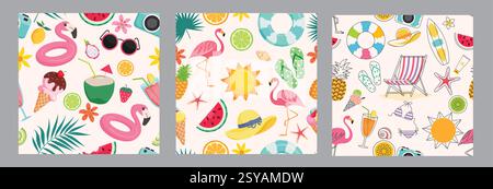 Nahtloses Clipart-Set für Sommer-Elemente. Clip-Art-Kollektion für Sommer-Zeichnungen und Outline-Elemente mit Flamingo, Sonne, Wassermelone, Hut und Stuhl kontinuierlich Stock Vektor
