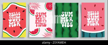 Clipart-Poster-Set für Sommergrüße. Hallo Sommer Grußkarte Clip Art in Wassermelone Zeichnung abstrakte Hintergrund Sammlung Vektor Illustration. Stock Vektor